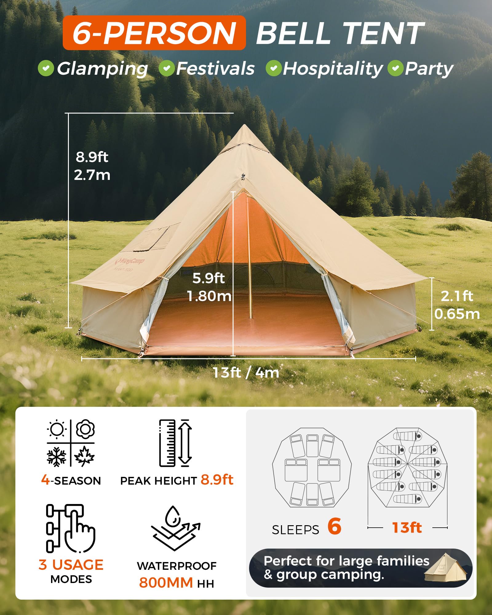 KingCamp KHAN X 340GSM TC Canvas 4-Season Bell Tent