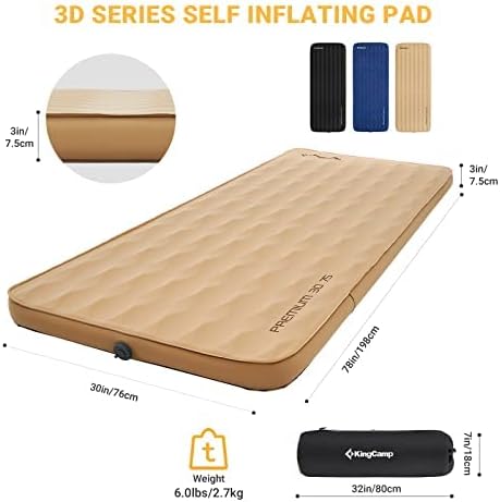 KingCamp Khaki Single 3D 3" Thick Self-Inflating Sleeping Mattress