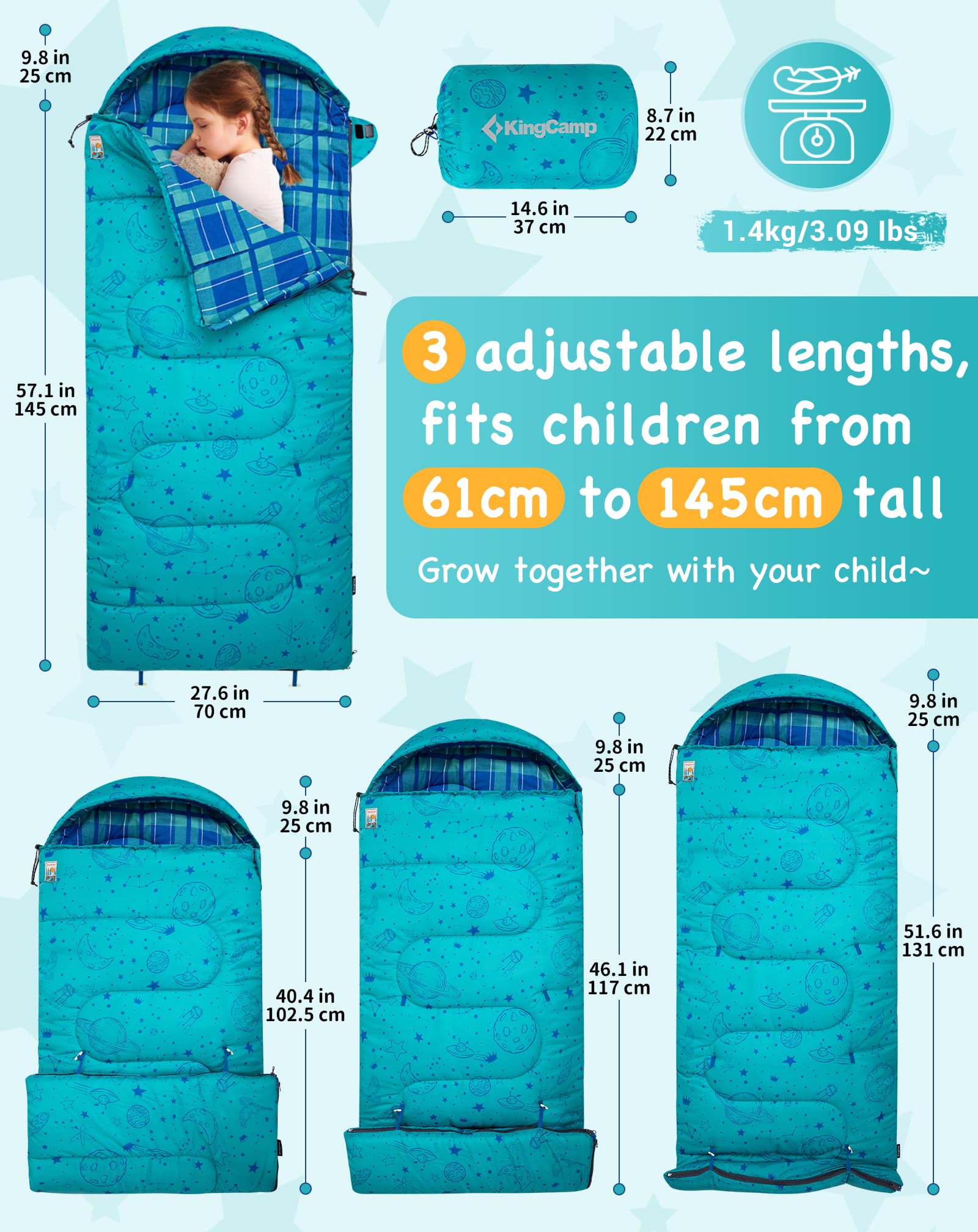 KingCamp Galaxy Zoo C 300 Kids Sleeping Bag – Adjustable Length