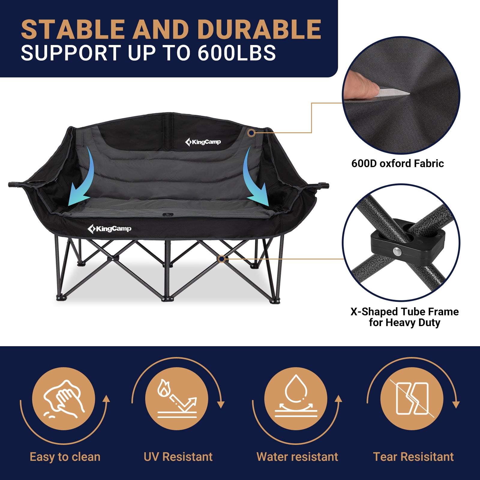 KingCamp VOLCAPETRA Oversized Padded Double Camping Sofa