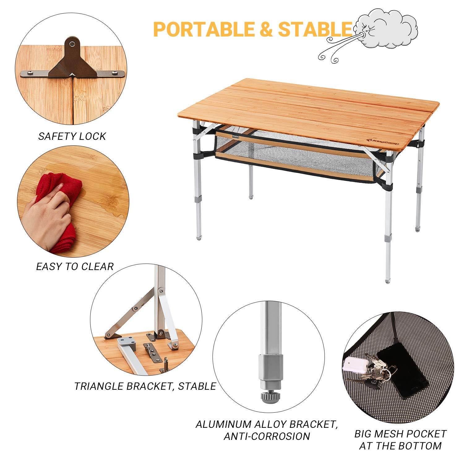 KingCamp Bamboo Folding Adjustable Height Table