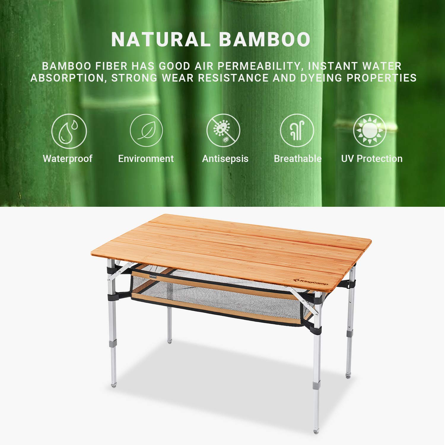 KingCamp Bamboo Folding Adjustable Height Table